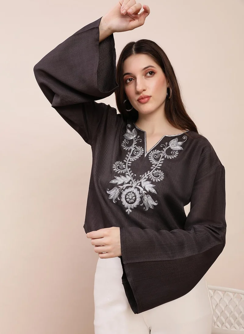 جلو باص Globus Women's Grey Embroidered Detail Casual Top with V Neck and Bell Sleeves