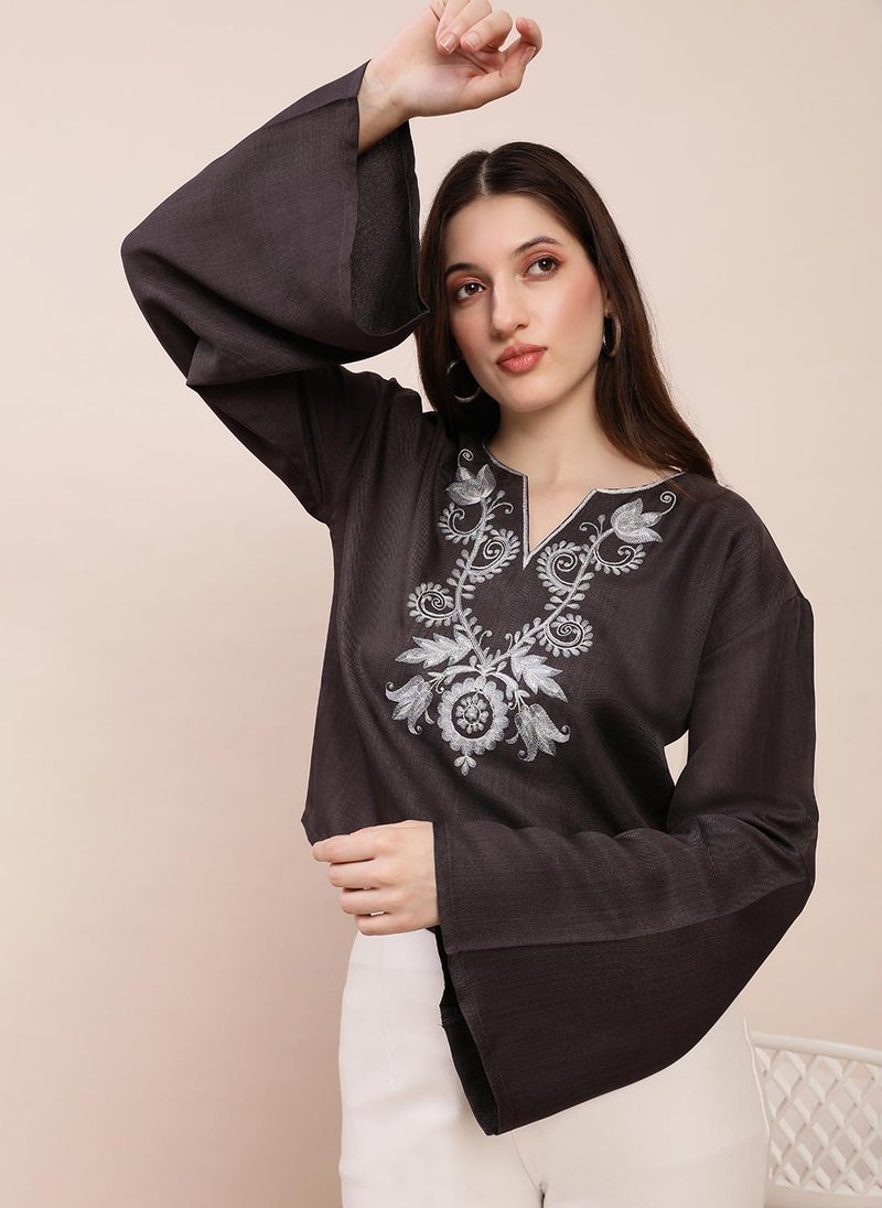 Globus Women's Grey Embroidered Detail Casual Top with V Neck and Bell Sleeves - Image 1
