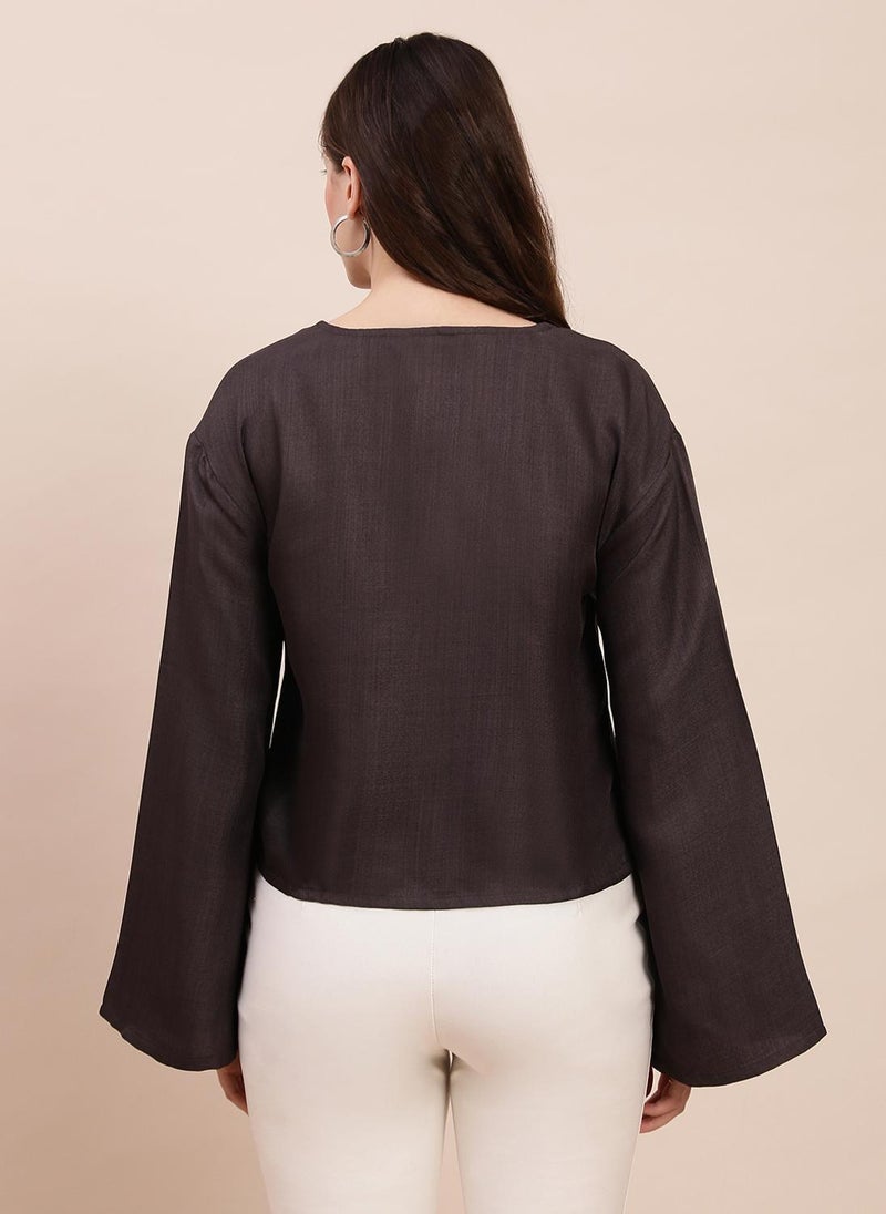Globus Women's Grey Embroidered Detail Casual Top with V Neck and Bell Sleeves - Image 4
