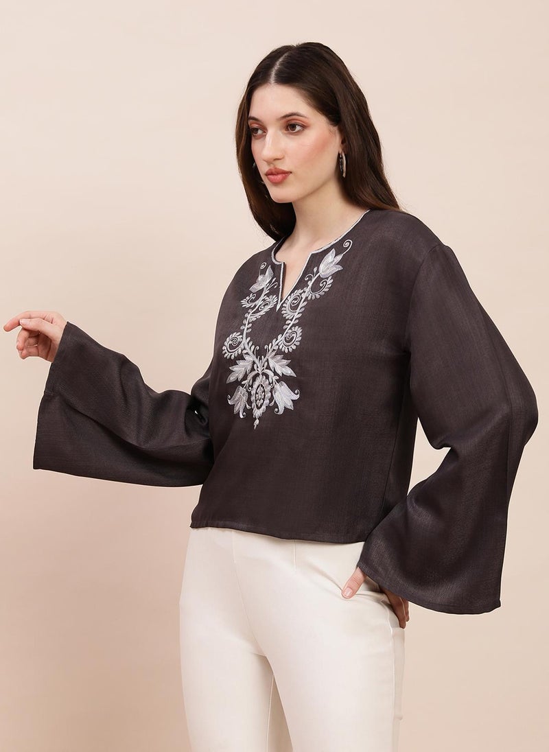Globus Women's Grey Embroidered Detail Casual Top with V Neck and Bell Sleeves - Image 3