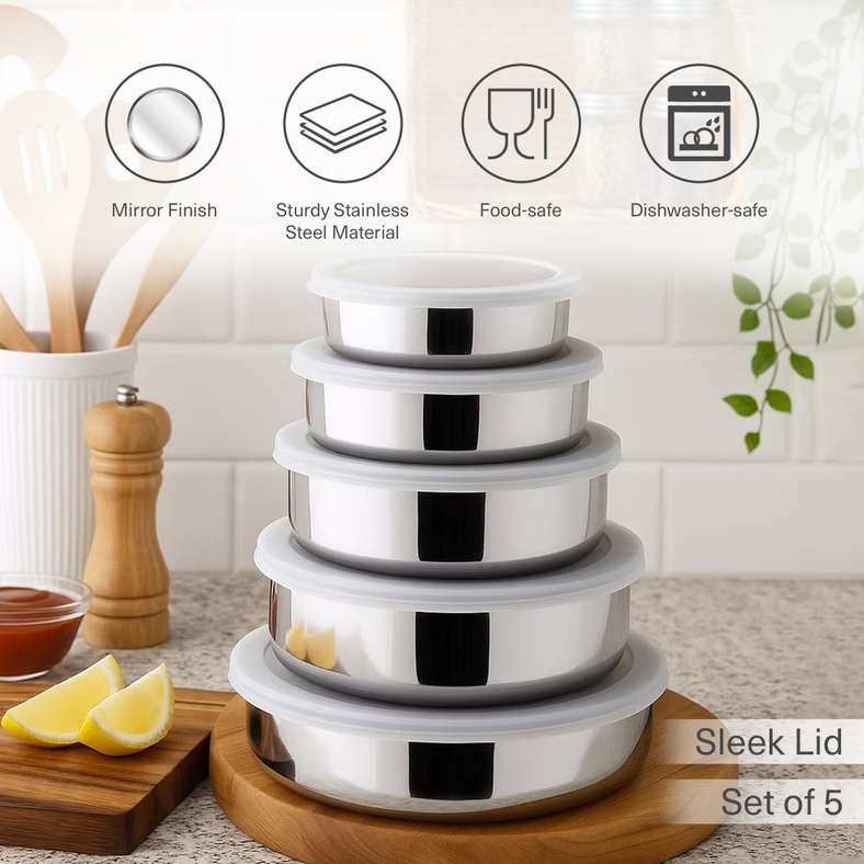 Essentials 5-Piece Food Container With Lid -Chrome