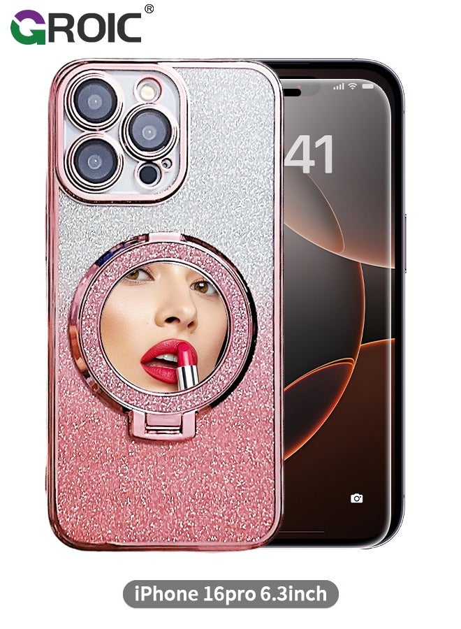 GROIC Magnetic Case for iPhone 16 Pro 6.3 Inches with 1 Pack Screen Protector,Mirror Kickstand Glitter Case Compatible with MagSafe, Bling Sparkly Phone Cover with Makeup Mirror & HD Tempered Glass Film - Image 1