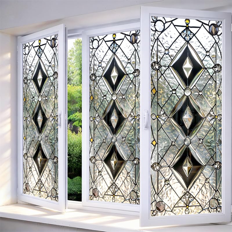 IVN Privacy Window Film Decorative Stained Glass Diamond Pattern with Clear and Frosted Glass Effect, Static Cling Window Film for Bathroom Entryway Kitchen Door Panel 17.7 x 39.3 Inch - Image 1