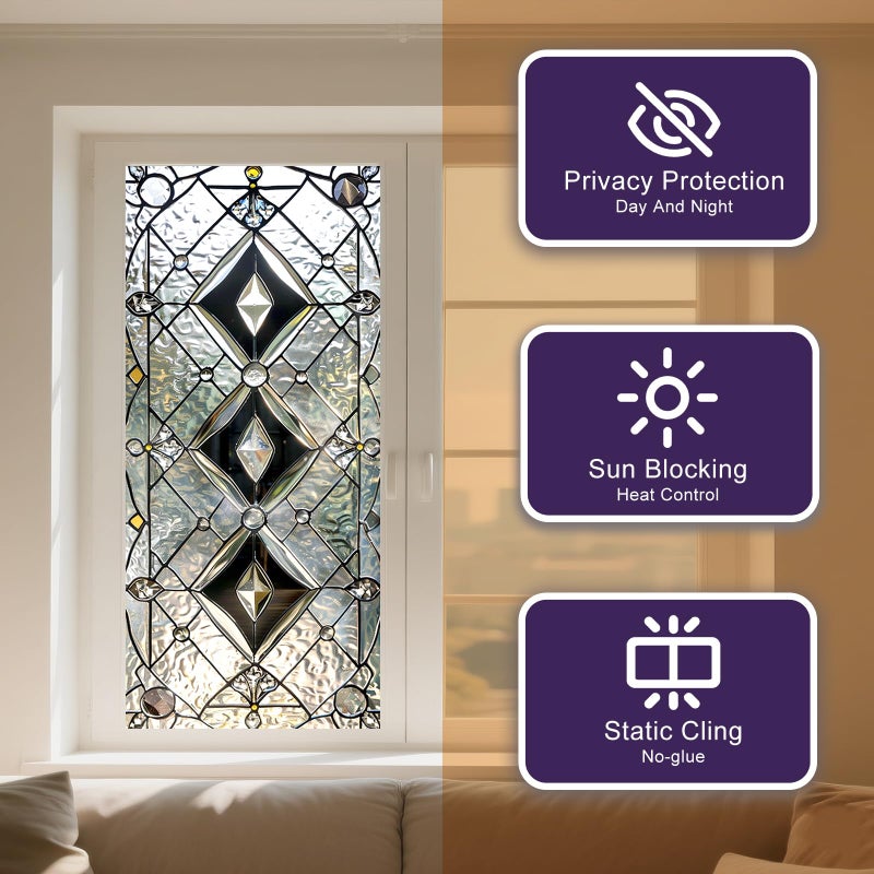 IVN Privacy Window Film Decorative Stained Glass Diamond Pattern with Clear and Frosted Glass Effect, Static Cling Window Film for Bathroom Entryway Kitchen Door Panel 17.7 x 39.3 Inch - Image 2