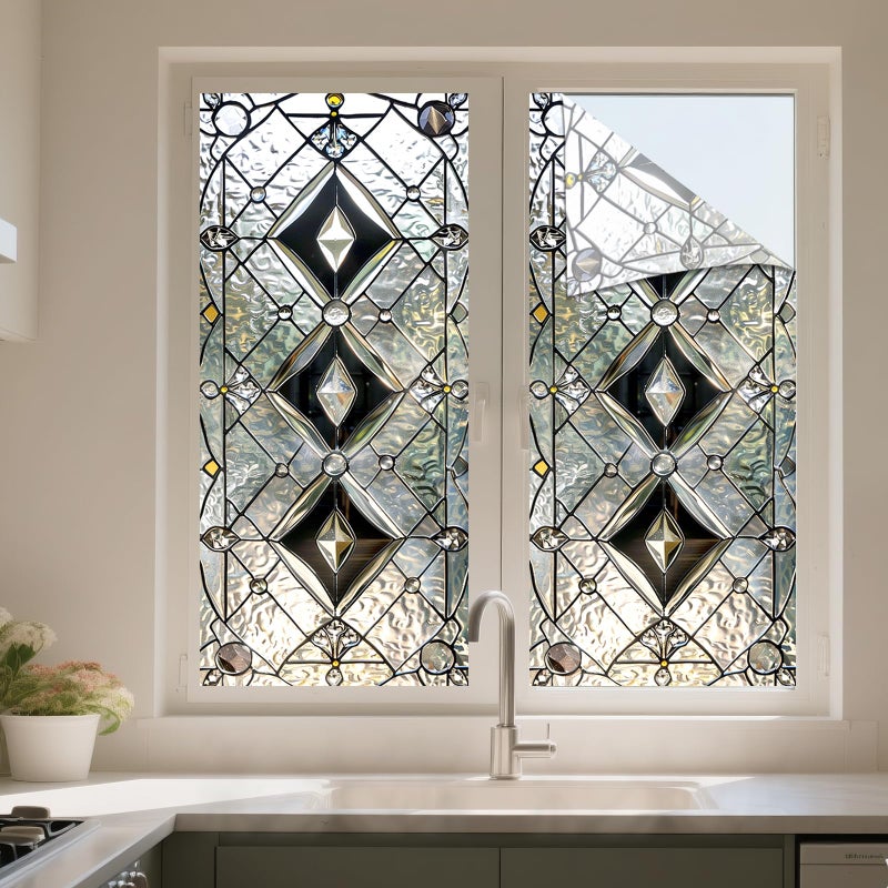 IVN Privacy Window Film Decorative Stained Glass Diamond Pattern with Clear and Frosted Glass Effect, Static Cling Window Film for Bathroom Entryway Kitchen Door Panel 17.7 x 39.3 Inch - Image 5