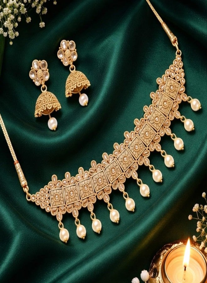ACCESSHER Gold Plated Handcrafted Lightweight Necklace with Matching Earrings Beautiful and timeless Traditional Look Jewelry Set for Women and Girls Pack of 1 - Image 2