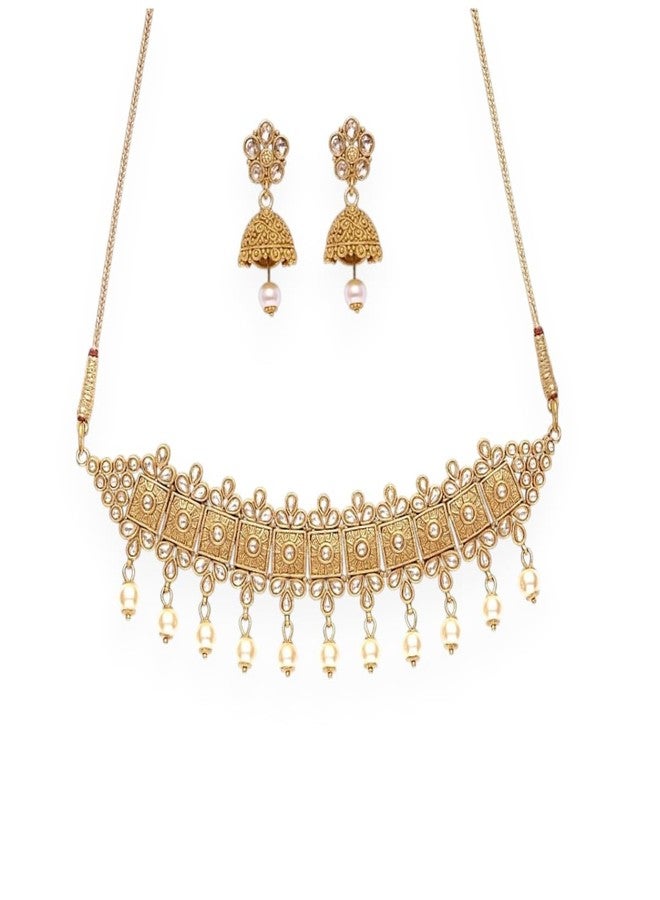 ACCESSHER Gold Plated Handcrafted Lightweight Necklace with Matching Earrings Beautiful and timeless Traditional Look Jewelry Set for Women and Girls Pack of 1 - Image 1