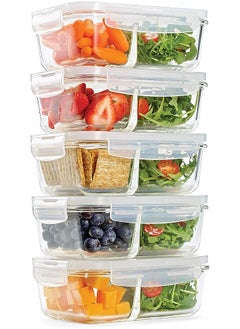& Fresh Divided Glass Containers, Two Compartments, Containers with Locking Lids, Glass Storage, Meal Prep Containers with Airtight Seal 5 Pack 871GFF