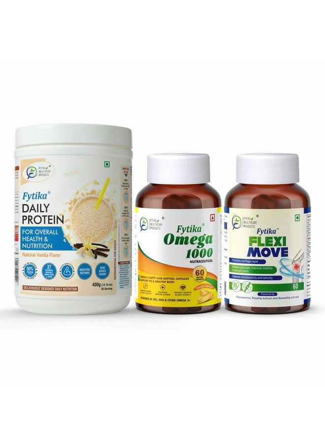 FYTIKA Daily Protein powder Vanilla flavour-400G + Fytika Omega 1000 (Omega-3 Fatty acids)-60 Caps + Fytika Flexi Move| Glucosamine, Rosehip Powder extract-60 Tabs - Image 1