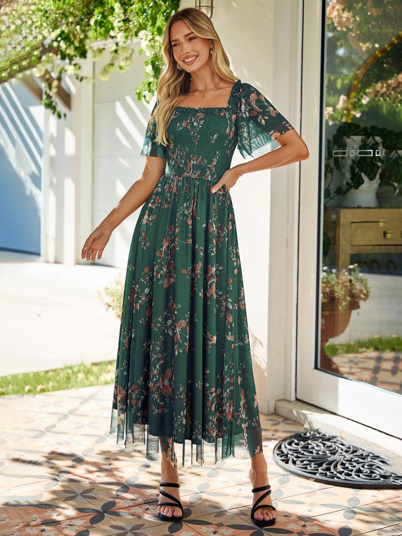 Simplee Womens Floral Maxi Dresses 2026 Summer Smocked Empire Waist Square Neck Short Sleeve Mesh A Line Flowy Dress - Image 2