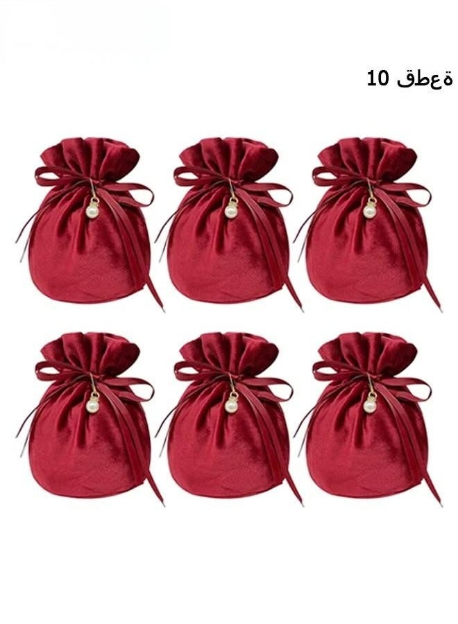 Generic 10 Pcs Velvet Bags, Round Bottom Drawstring Velvet Cloth Gift Pouches Jewelry Candy Gift Bags with Imitation Pearl Charm for Wedding Birthday Party Favors - Red - Image 1