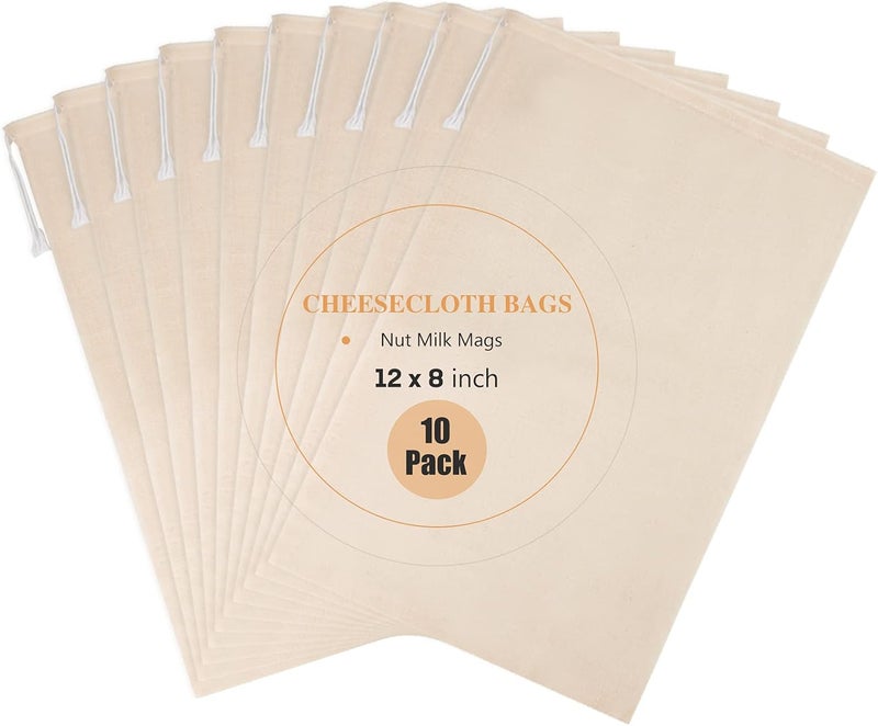 Chielor 10 Pack Nut Milk Bag, Fine Mesh Grade Reusable Cheesecloth Bags Strainers, Unbleached Organic Cotton Filter Bags for Almond Milk, Juices, ColdBrew, Cheese, Tea, Yogurt, Coffee (8 x 12 inch) - Image 1