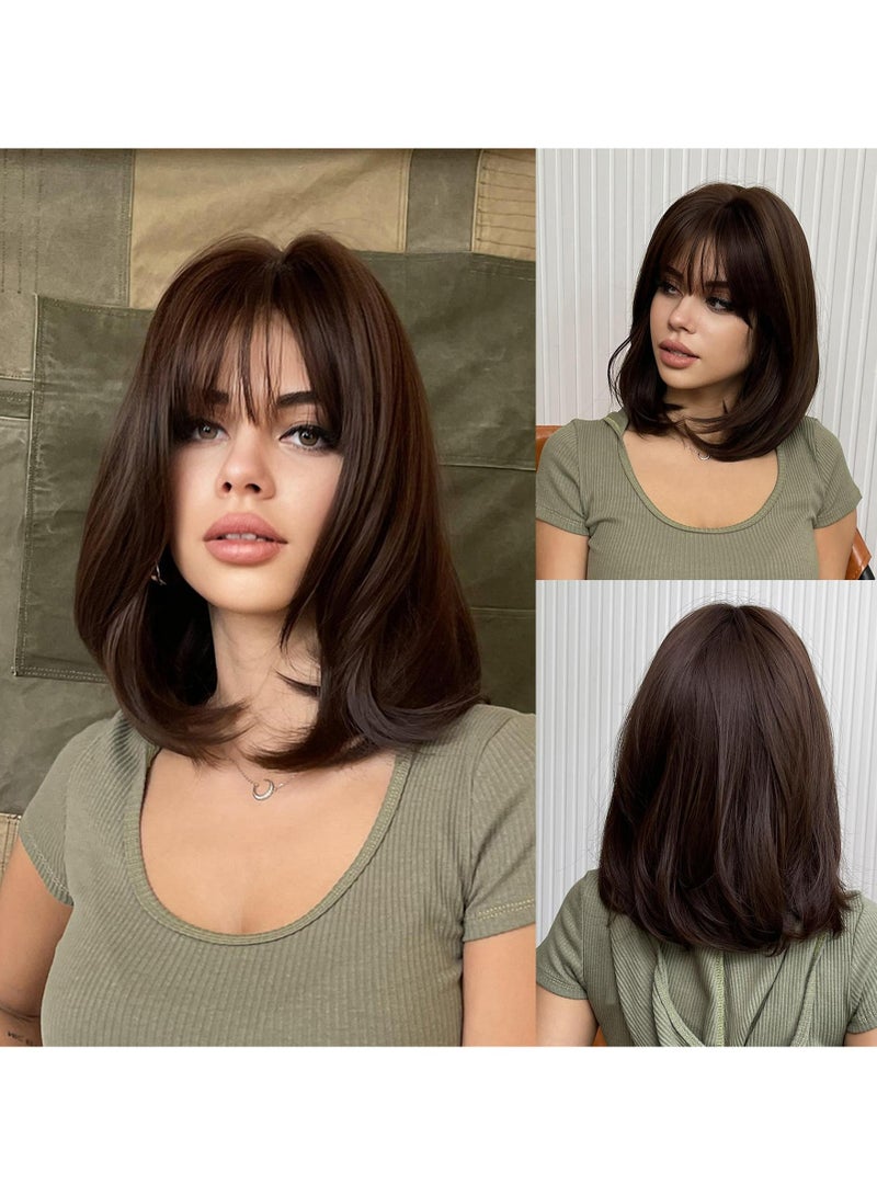 general Short Brown Straight Wig with Bangs for Women Natural Layered Shoudler Length Chestnut Brown Wigs Heat Resistant Synthetic Fiber Curly Hair for Daily Dating Family Gathering Party 28cm - Image 1