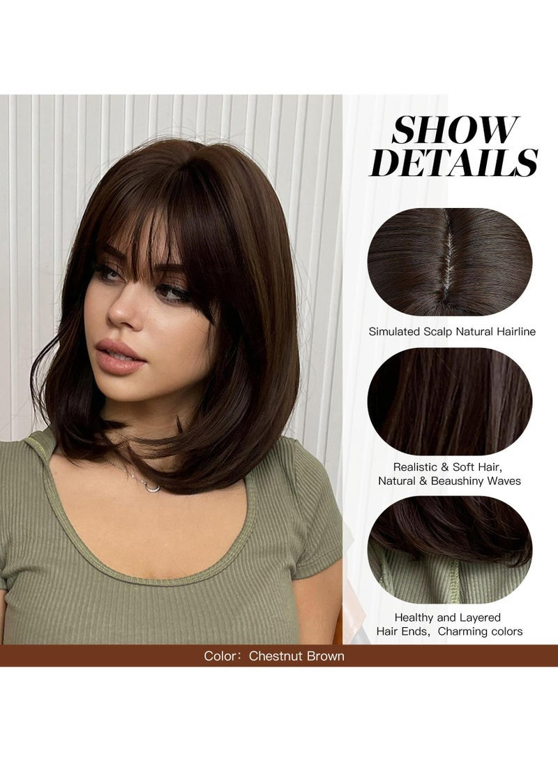 general Short Brown Straight Wig with Bangs for Women Natural Layered Shoudler Length Chestnut Brown Wigs Heat Resistant Synthetic Fiber Curly Hair for Daily Dating Family Gathering Party 28cm - Image 2