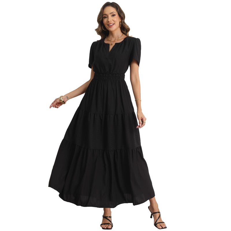 Rainday Womens Casual Maxi Dresses Fashion Holiday Short Sleeved Elastic Waist Beach Boho Dress with Pockets(Z3918BK,L) - Image 2