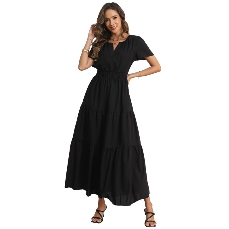 Rainday Womens Casual Maxi Dresses Fashion Holiday Short Sleeved Elastic Waist Beach Boho Dress with Pockets(Z3918BK,L) - Image 3
