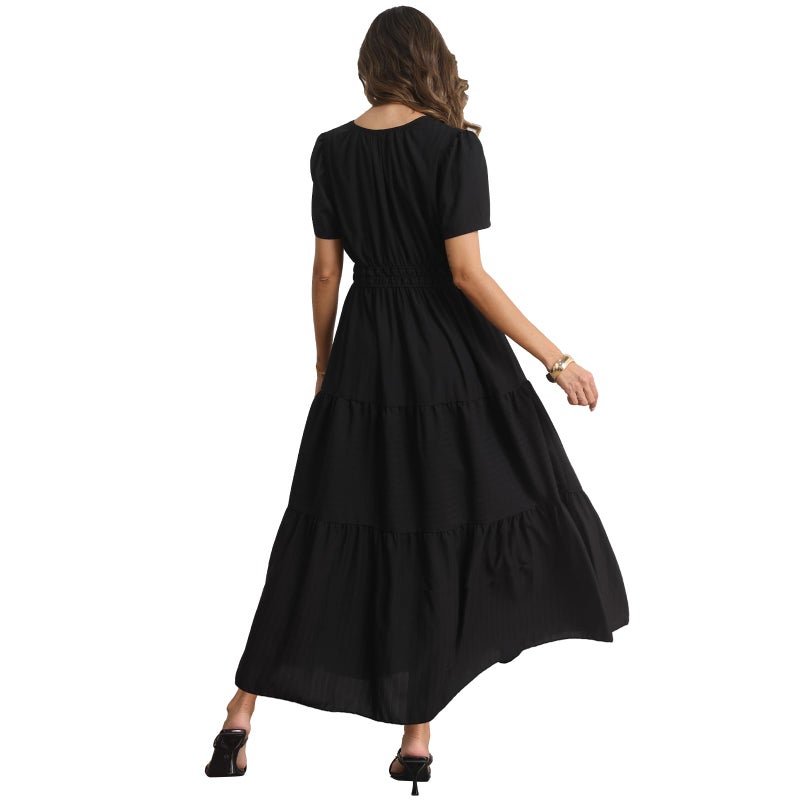 Rainday Womens Casual Maxi Dresses Fashion Holiday Short Sleeved Elastic Waist Beach Boho Dress with Pockets(Z3918BK,L) - Image 4
