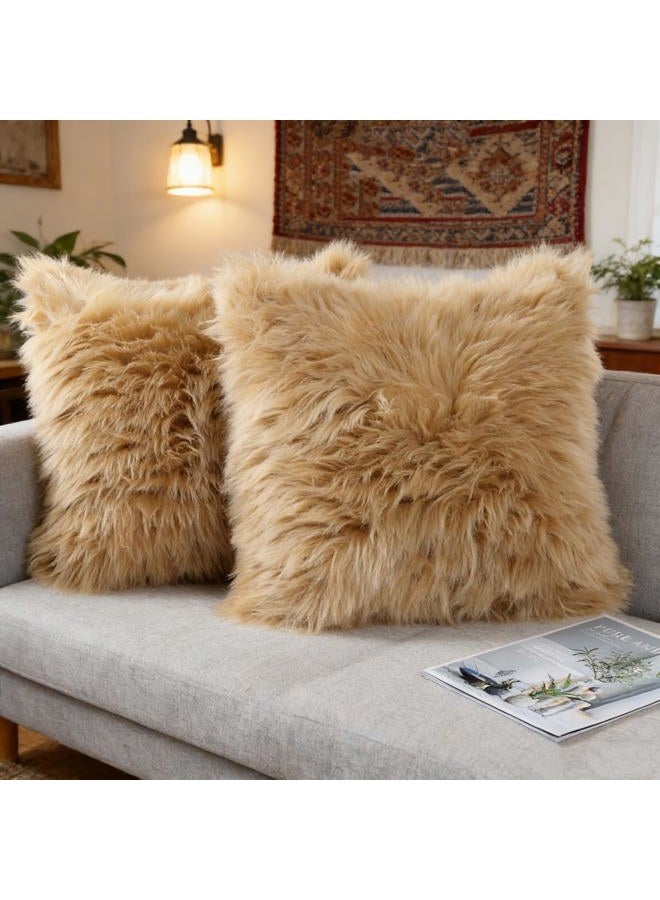 OYIMUA Fluffy Decorative Throw Pillow Covers Beige 18×18, Faux Fur Farmhouse Luxury Pillow Cases,Soft Plush Fuzzy Cushion Covers for Sofa Couch Living Room Bedroom Set of 2 - Image 2