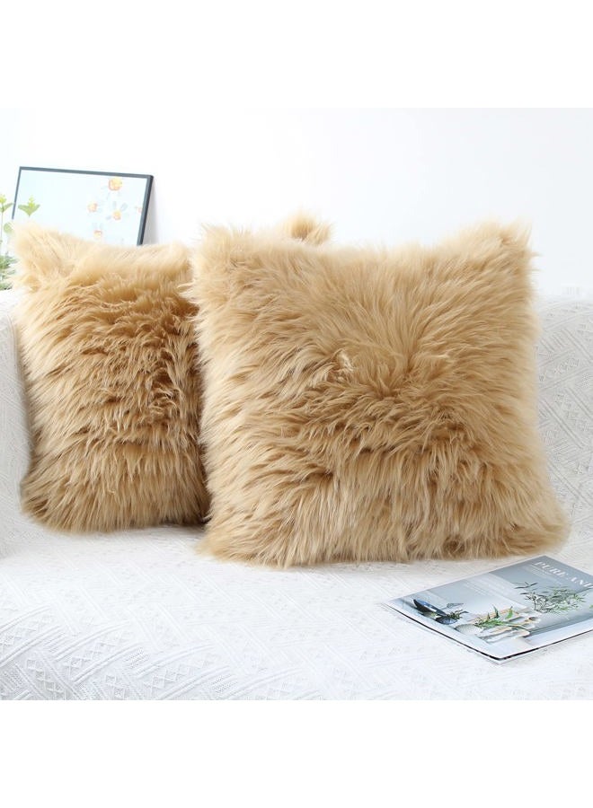 OYIMUA Fluffy Decorative Throw Pillow Covers Beige 18×18, Faux Fur Farmhouse Luxury Pillow Cases,Soft Plush Fuzzy Cushion Covers for Sofa Couch Living Room Bedroom Set of 2 - Image 1