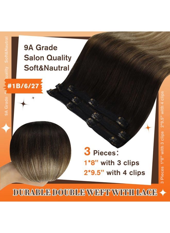 Full Shine Hair Extensions Real Human Hair 20 Inch Clip in Hair Extensions Clip on Remy Soft Hair Balayage Black Ombre to Blonde Mix Brown Double Weft Long Straight 60Grams 3 Pieces  - Image 2