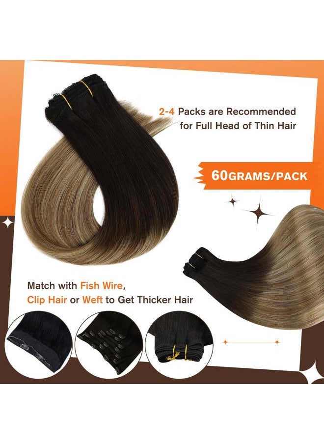 Full Shine Hair Extensions Real Human Hair 20 Inch Clip in Hair Extensions Clip on Remy Soft Hair Balayage Black Ombre to Blonde Mix Brown Double Weft Long Straight 60Grams 3 Pieces  - Image 3