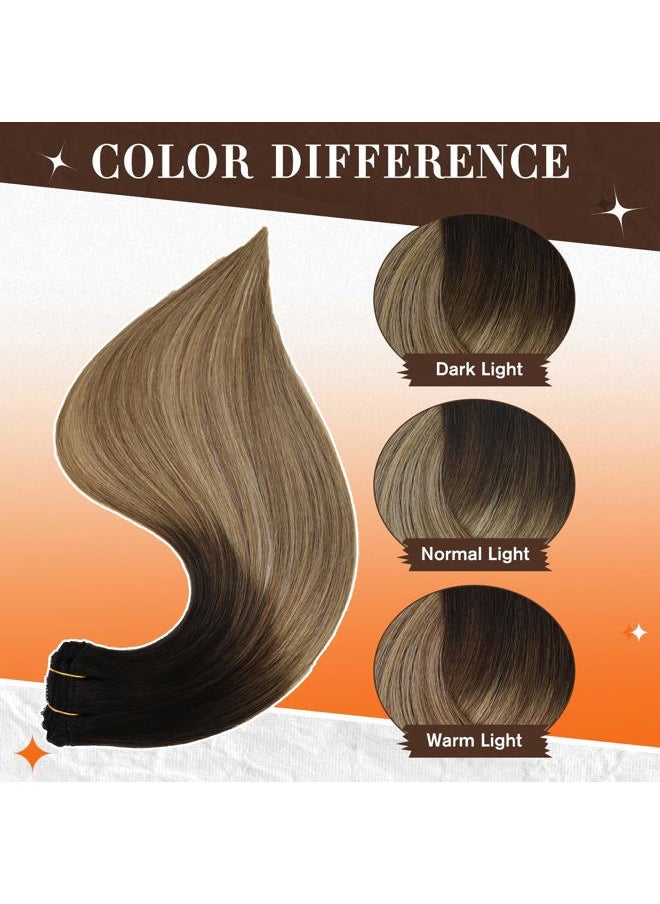 Full Shine Hair Extensions Real Human Hair 20 Inch Clip in Hair Extensions Clip on Remy Soft Hair Balayage Black Ombre to Blonde Mix Brown Double Weft Long Straight 60Grams 3 Pieces  - Image 4