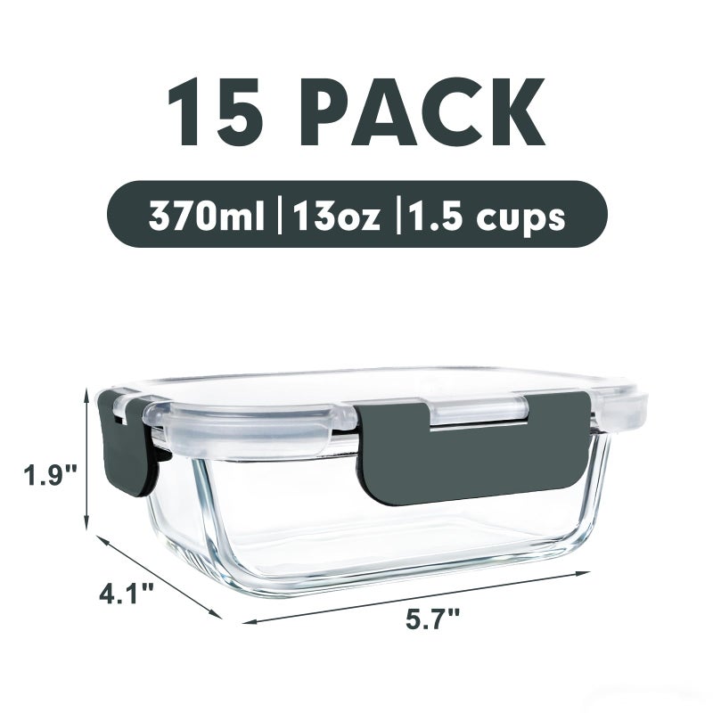 M MCIRCO [15-Pack,13 oz 1.5 Cup Glass Meal Prep Containers, Small Glass Food Storage Containers with Lids,Airtight Lunch Containers, Microwave, Oven, Freezer and Dishwasher Friendly, BPA-free - Image 2