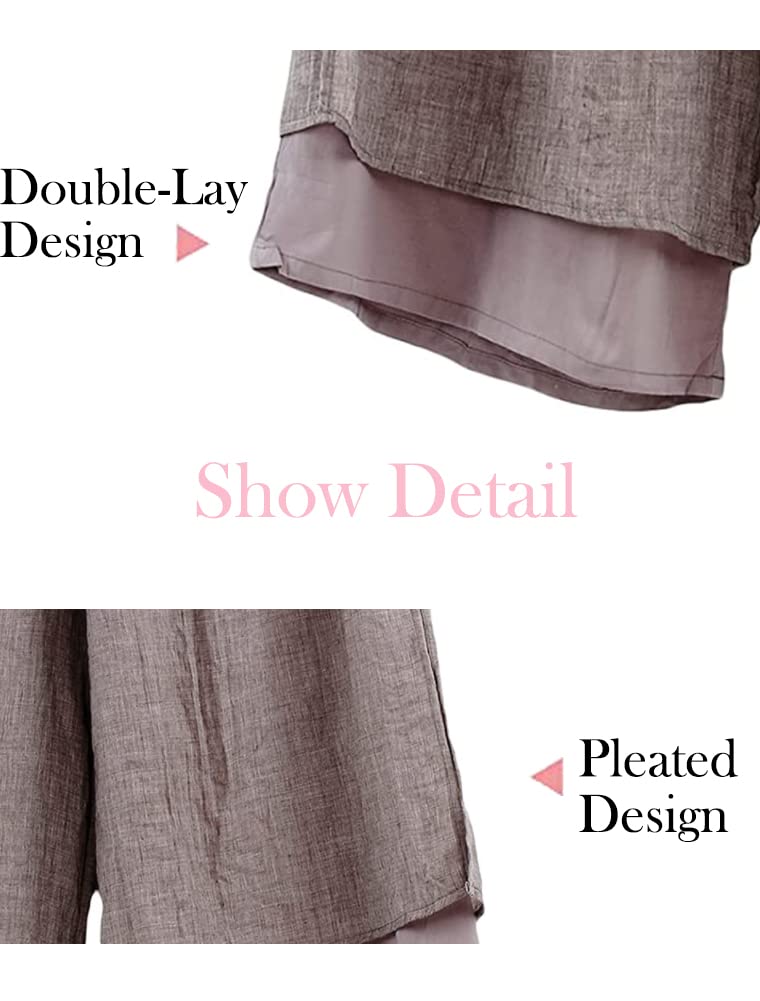 Minibee Women's Wide Leg Pants Loose Layer Capris Palazzo Elastic Waist Trousers Brown M - Image 3