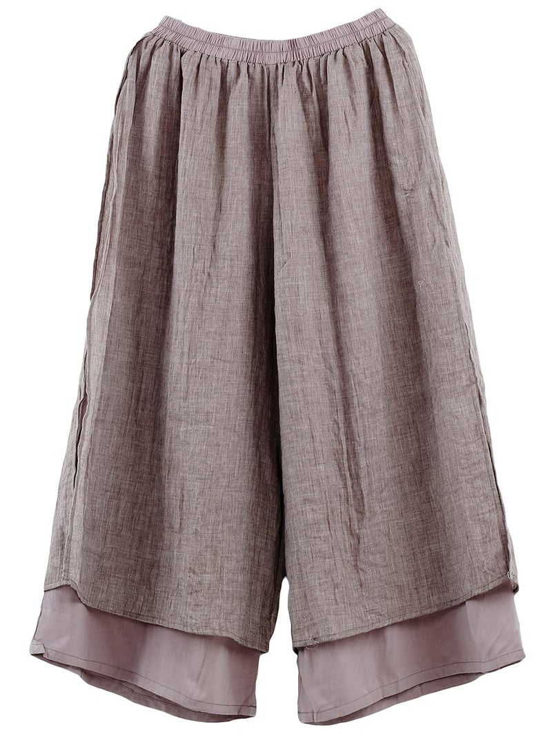Minibee Women's Wide Leg Pants Loose Layer Capris Palazzo Elastic Waist Trousers Brown M - Image 1