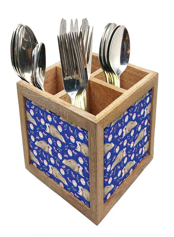 Nutcase Wooden Cutlery Stand Holder Silverware Caddy Spoons Forks Knives Organizer for Dining Table & Kitchen -Made in India-Spoons NOT Included - Bear & Rabbit Plying - Image 1