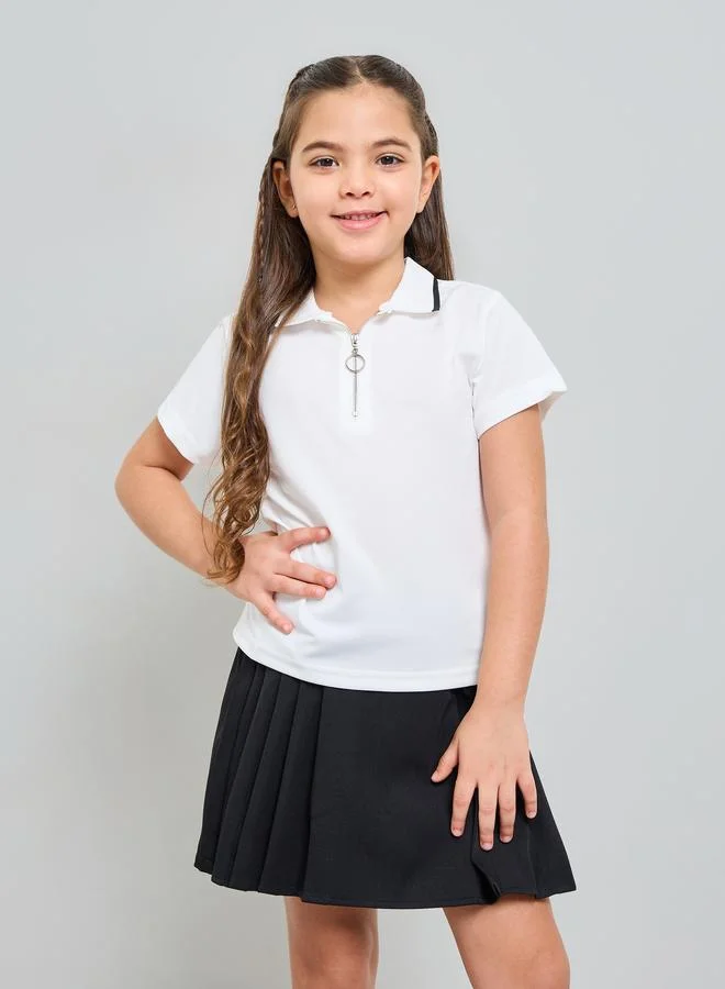 Styli Girls Zip Detail Polo T-Shirt and Solid Pleated Skirt Set