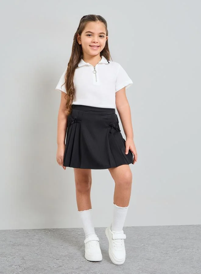 Styli Girls Zip Detail Polo T-Shirt and Solid Pleated Skirt Set