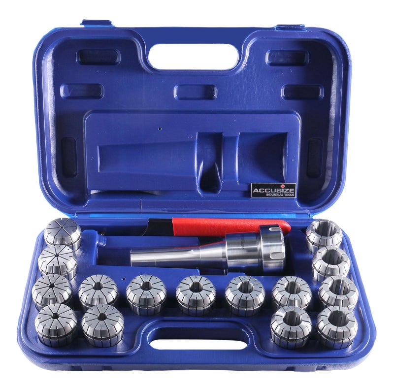 Accusize Industrial Tools 15 Pc ER40 Precision Collet Set with R8 Bridgeport Shank Holder Wrench High Accuracy Tooling for Milling Drilling in Fitted Box 02230984