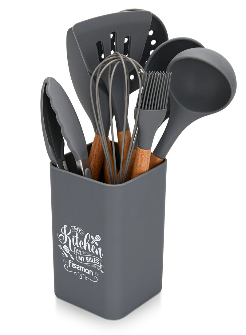 Fissman 9-Piece Kitchen Utensil Set with Holder Rack, Silicone Cooking Kitchen Tool Set with Wooden Handle - Image 1