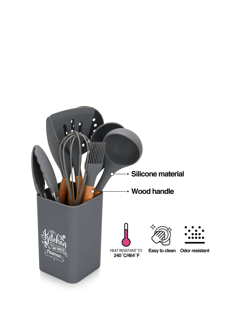 Fissman 9-Piece Kitchen Utensil Set with Holder Rack, Silicone Cooking Kitchen Tool Set with Wooden Handle