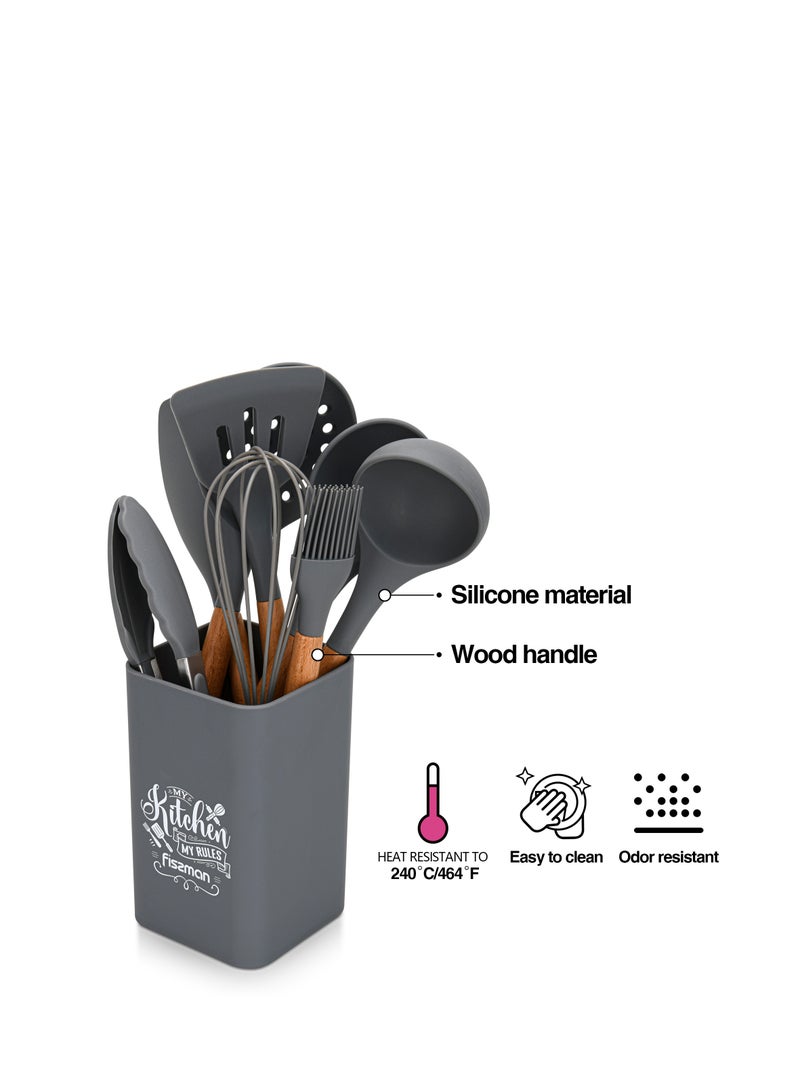 Fissman 9-Piece Kitchen Utensil Set with Holder Rack, Silicone Cooking Kitchen Tool Set with Wooden Handle - Image 2