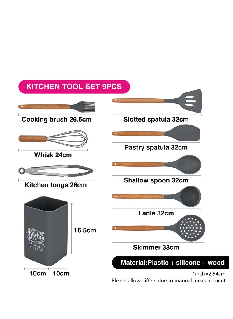 Fissman 9-Piece Kitchen Utensil Set with Holder Rack, Silicone Cooking Kitchen Tool Set with Wooden Handle - Image 4