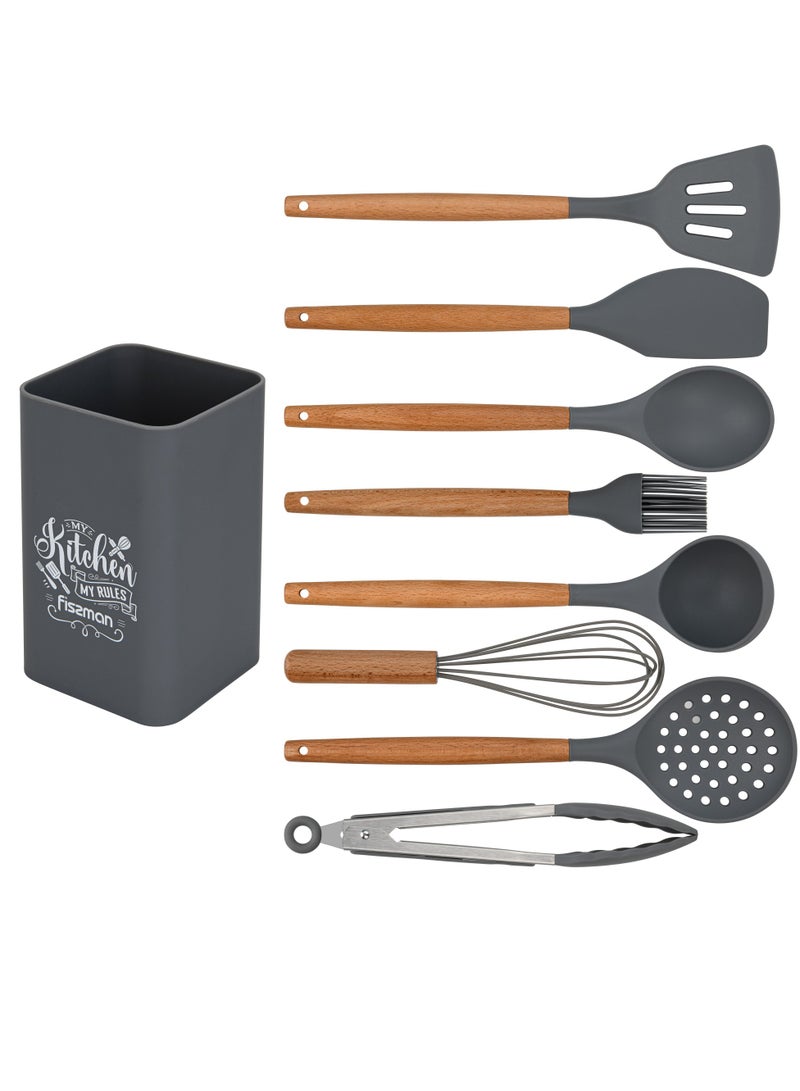 Fissman 9-Piece Kitchen Utensil Set with Holder Rack, Silicone Cooking Kitchen Tool Set with Wooden Handle - Image 5