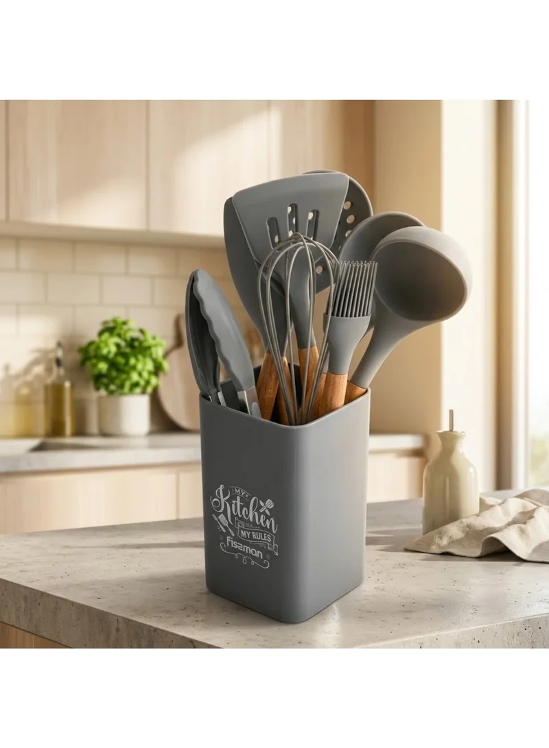 Fissman 9-Piece Kitchen Utensil Set with Holder Rack, Silicone Cooking Kitchen Tool Set with Wooden Handle