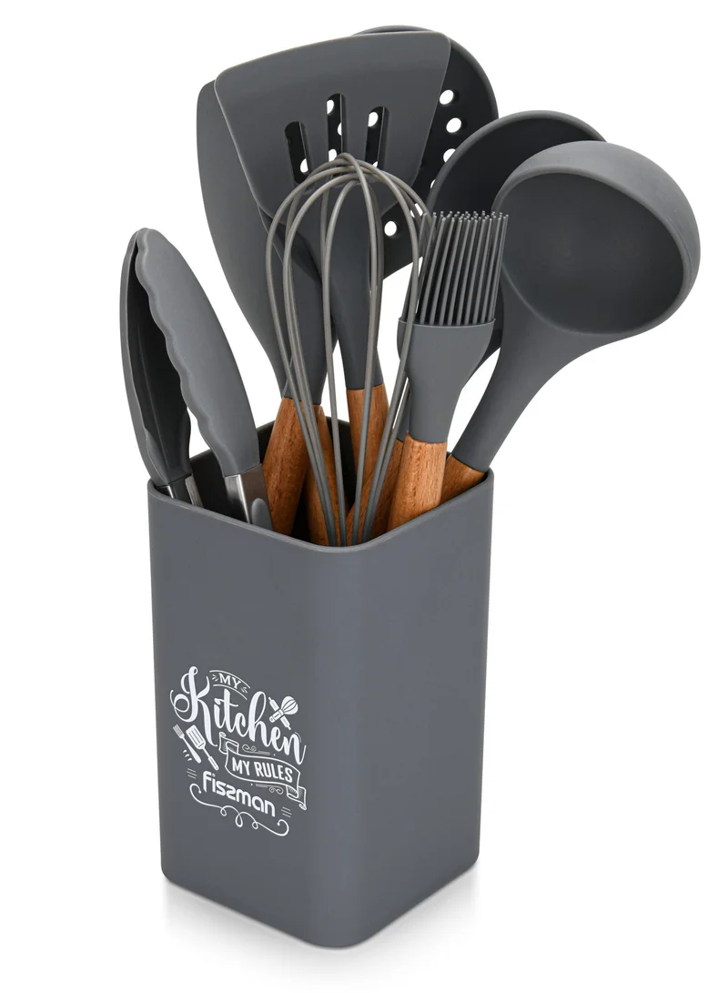 Fissman 9-Piece Kitchen Utensil Set with Holder Rack, Silicone Cooking Kitchen Tool Set with Wooden Handle