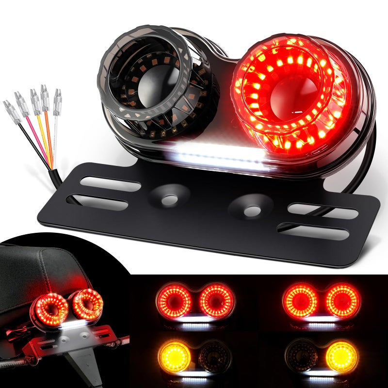 Benlari Upgraded Motorcycle Tail Light 90LEDs Brake Lights IP67 Waterproof Turn Signals Running with License Plate Bracket Fit for Street Bike Cruiser Chopper Bobber Smoke