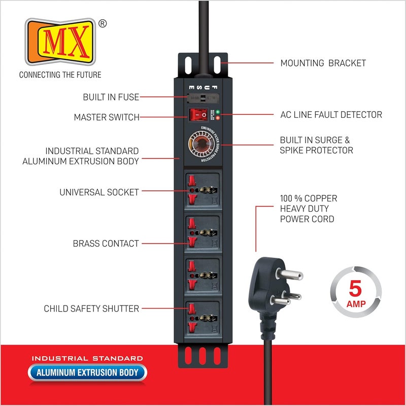 MX MX 4 Socket Extension Board Power Strip with Surge Protector Spike Guard with Switch 5 amp Socket Switch Board Universal Sockets 2000w Extension Cord 5m MultiPlug Socket for Home Office  - Image 3