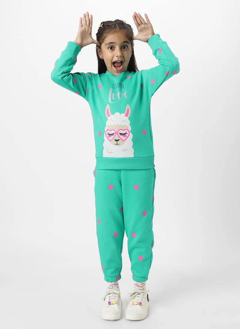 Nautinati Nautinati Girls' Green Fleece Combo Set of Graphic Print Sweatshirt and Dot Print Joggers