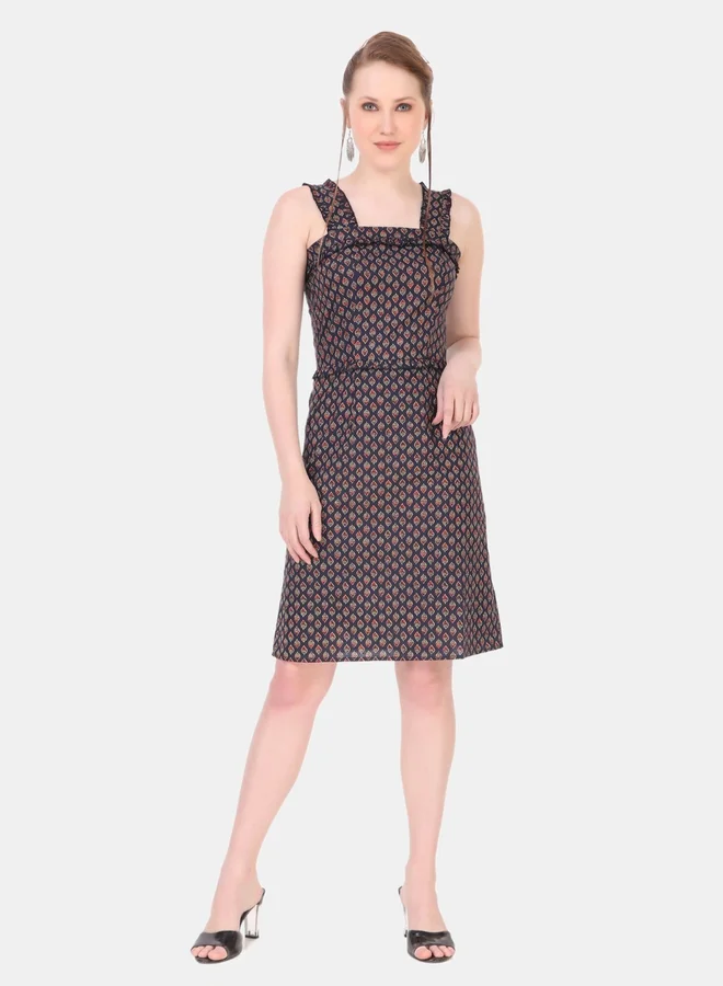 House Of Raeli Blue A-Line Sleeveless Knee-Length Dress with All-Over Print