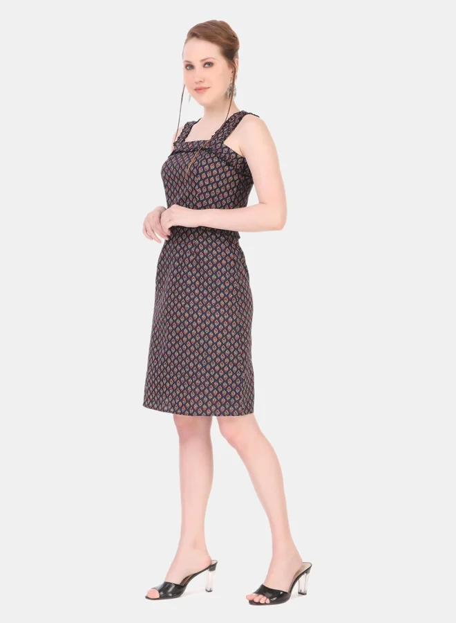 House Of Raeli Blue A-Line Sleeveless Knee-Length Dress with All-Over Print