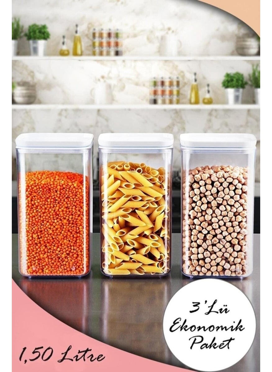 Boz House - Set of 3 1.5l Square Vacuum Container Dry Food Legume Storage Triple Airtight Container - Image 1