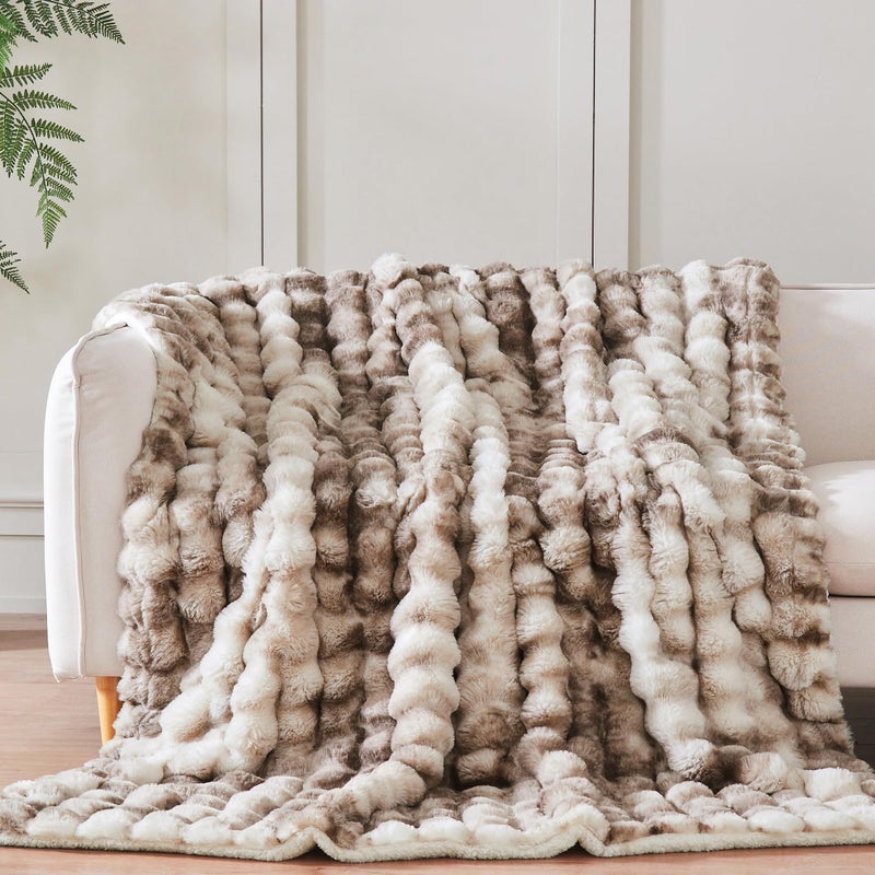 Serenhom 60x80 Inches Ultra-Soft Fuzzy Faux Fur Plush Twin Size Blanket - Thick, Warm Sherpa for Couch, Sofa, Bedroom, Camping - Decorative Blanket for Cozy Warmth, Bubble Brown Tie Dye - Image 4