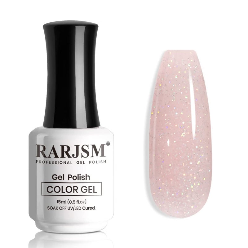 RARJSM Nude Pink Gel Polish Rainbow Glitter Iridescent Shimmer Pigment Jelly Neutral Color Skin Tone 15ml Sparkle Pink Natural Soak off UV LED Cured for Home Salon DIY Nail Art - Image 1