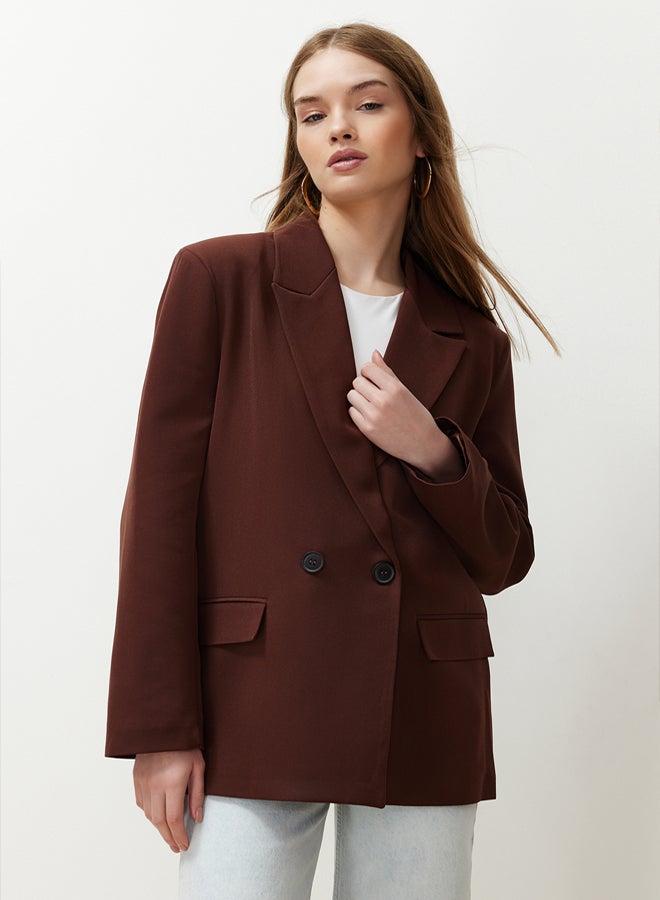 trendyol Brown Oversize Straight Cut Basic Double Breasted Woven Blazer Jacket - Image 2