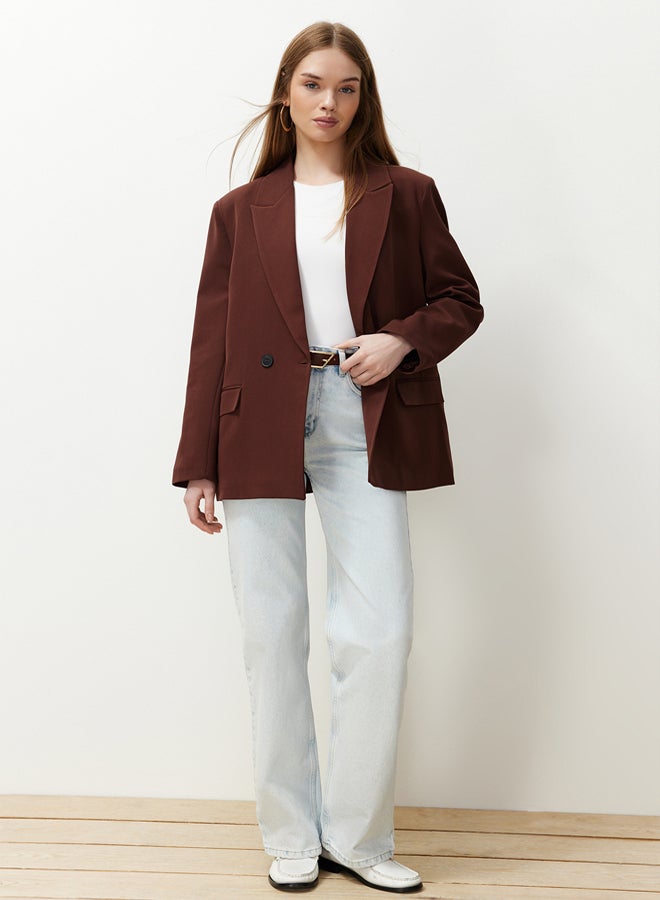 trendyol Brown Oversize Straight Cut Basic Double Breasted Woven Blazer Jacket - Image 3